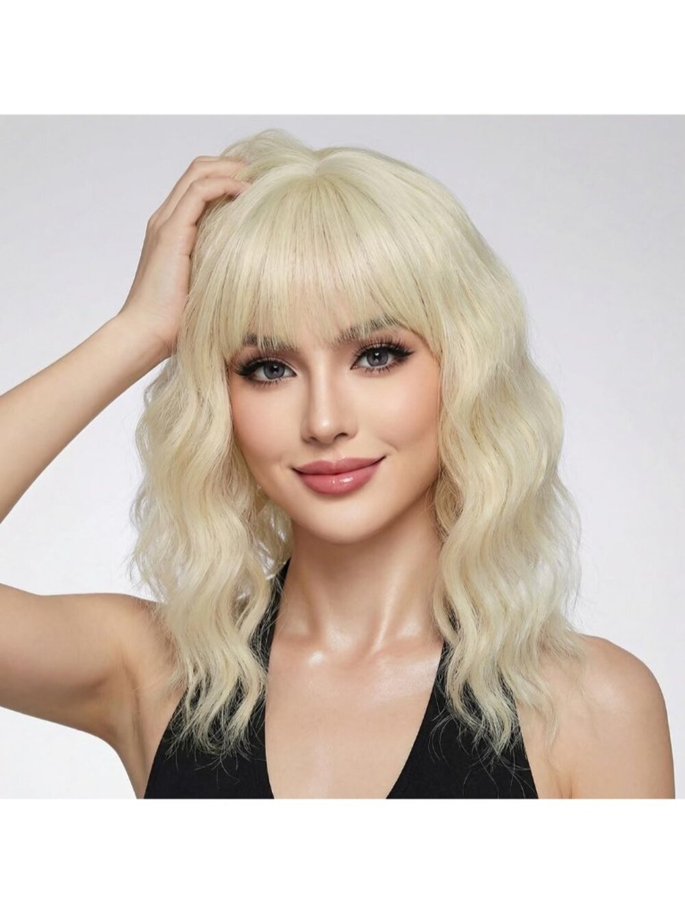 Women's Blonde 14 Inch Short Shoulder Length Synthetic Bangs Wavy Bob Wig